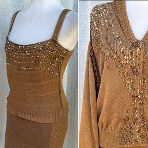 Designed by PACA tan top, skirt, and cardigan 3 piece knitted viscose  set